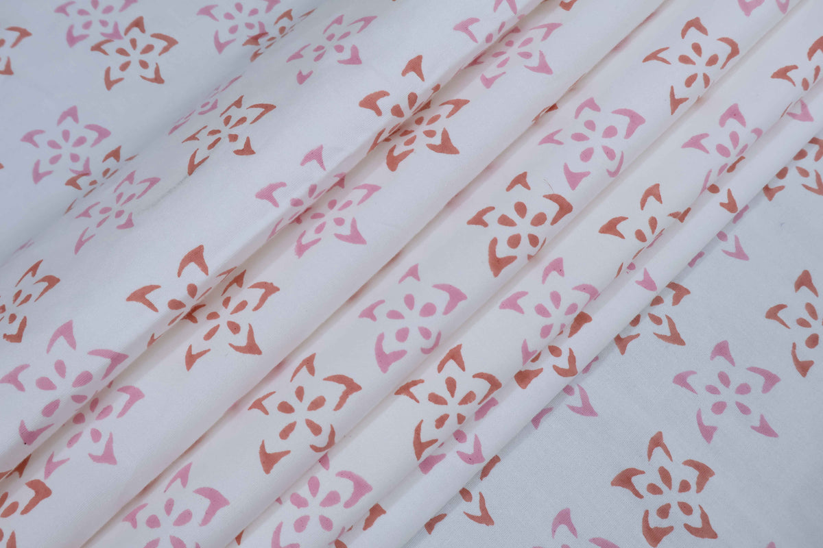 Red & Pink Floral Block Print Linen Fabric: Indian Mughal Design