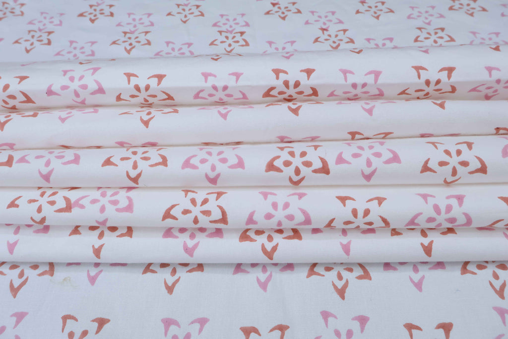 Red & Pink Floral Block Print Linen Fabric: Indian Mughal Design