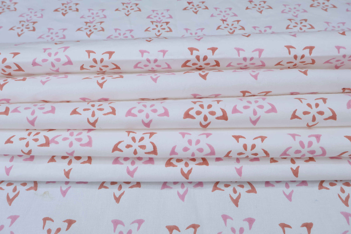 Red & Pink Floral Block Print Linen Fabric: Indian Mughal Design