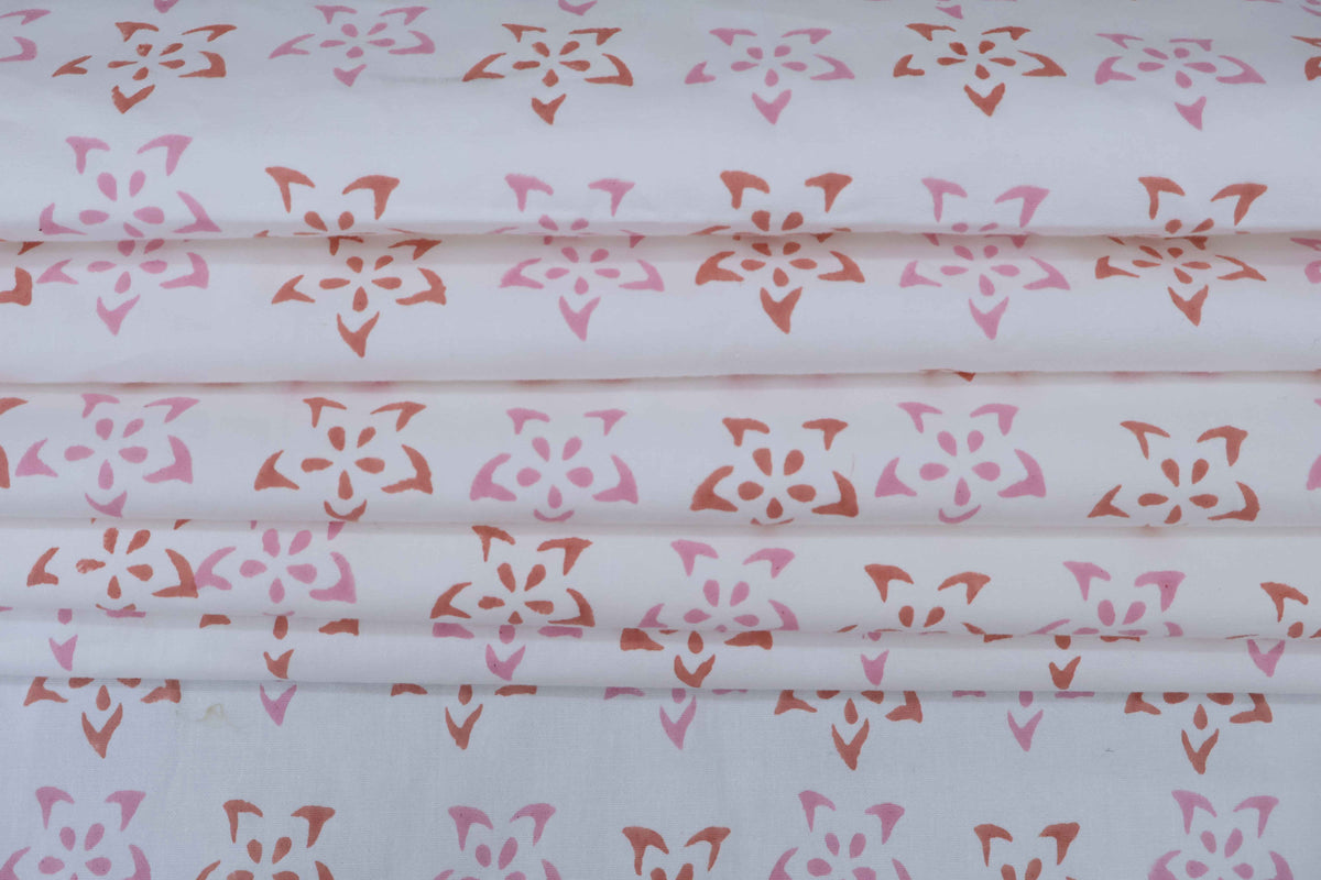 Red & Pink Floral Block Print Linen Fabric: Indian Mughal Design