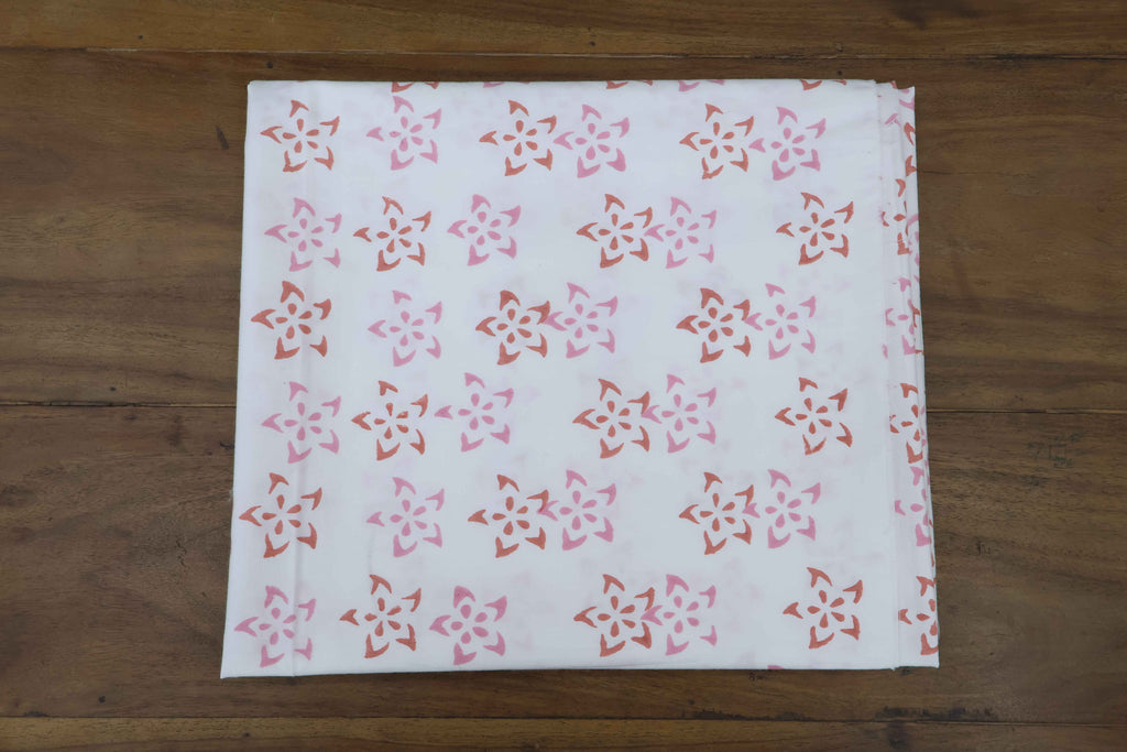 Red & Pink Floral Block Print Linen Fabric: Indian Mughal Design
