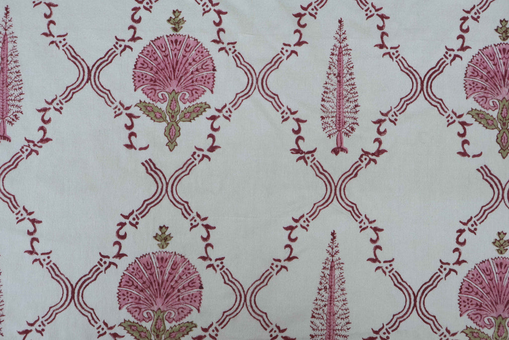 Mughal Floral Block Print Fabric: Pink & White Linen Cotton Blend