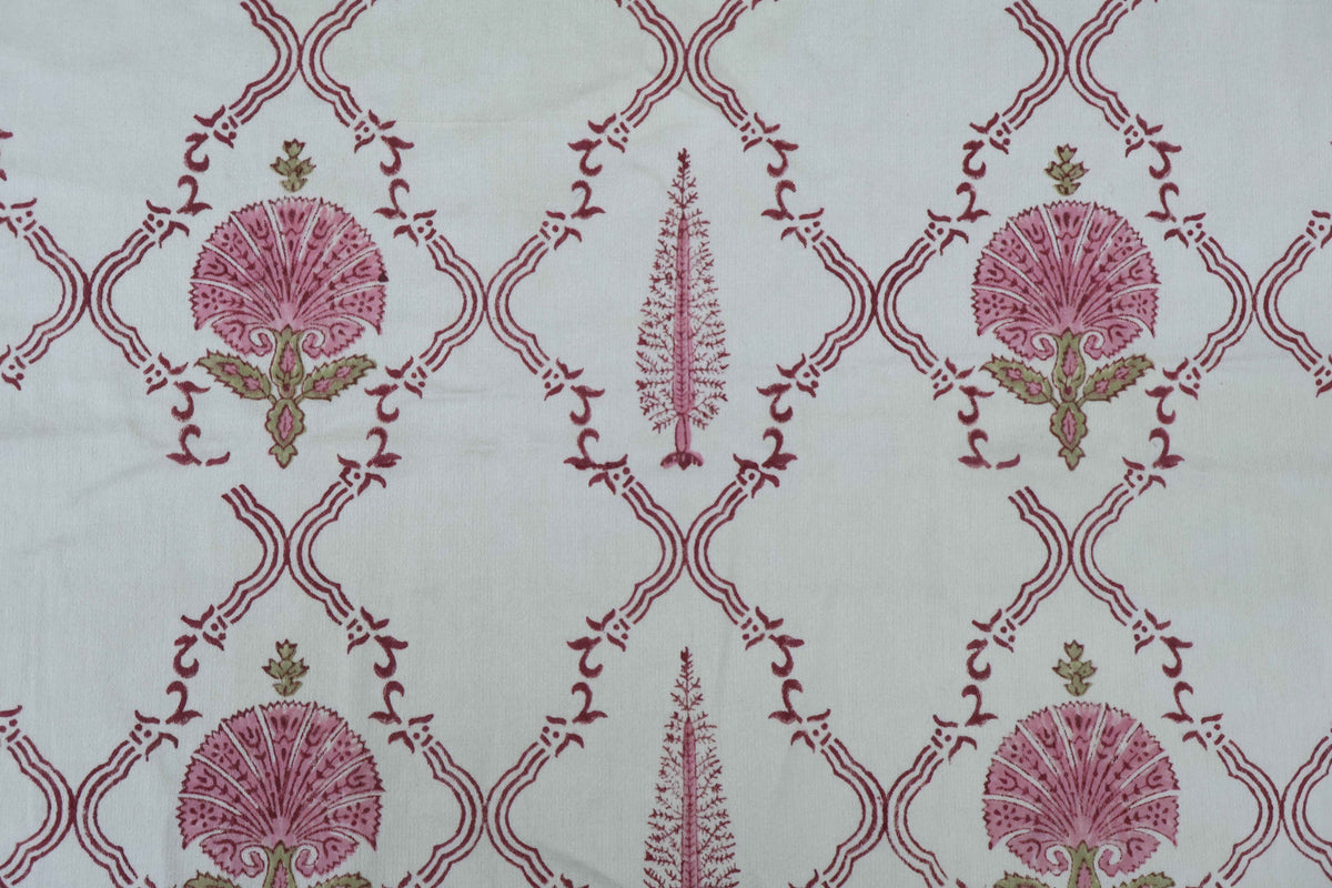 Mughal Floral Block Print Fabric: Pink & White Linen Cotton Blend