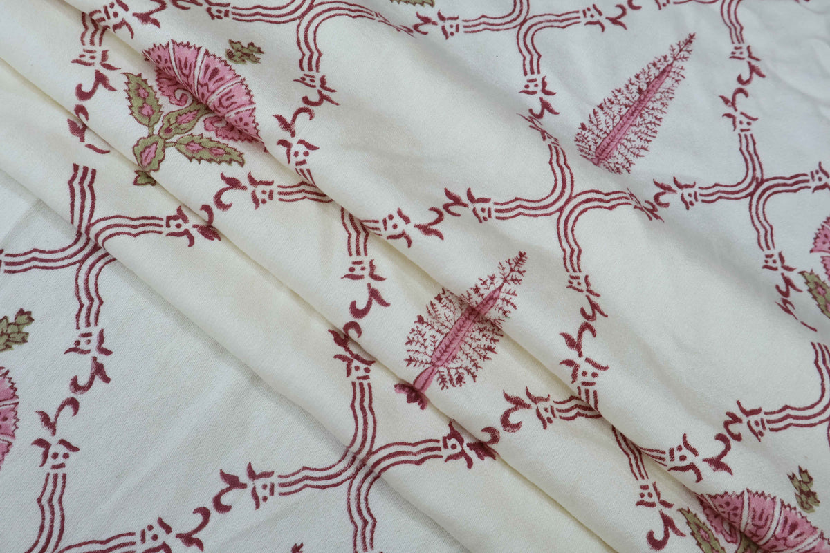 Mughal Floral Block Print Fabric: Pink & White Linen Cotton Blend