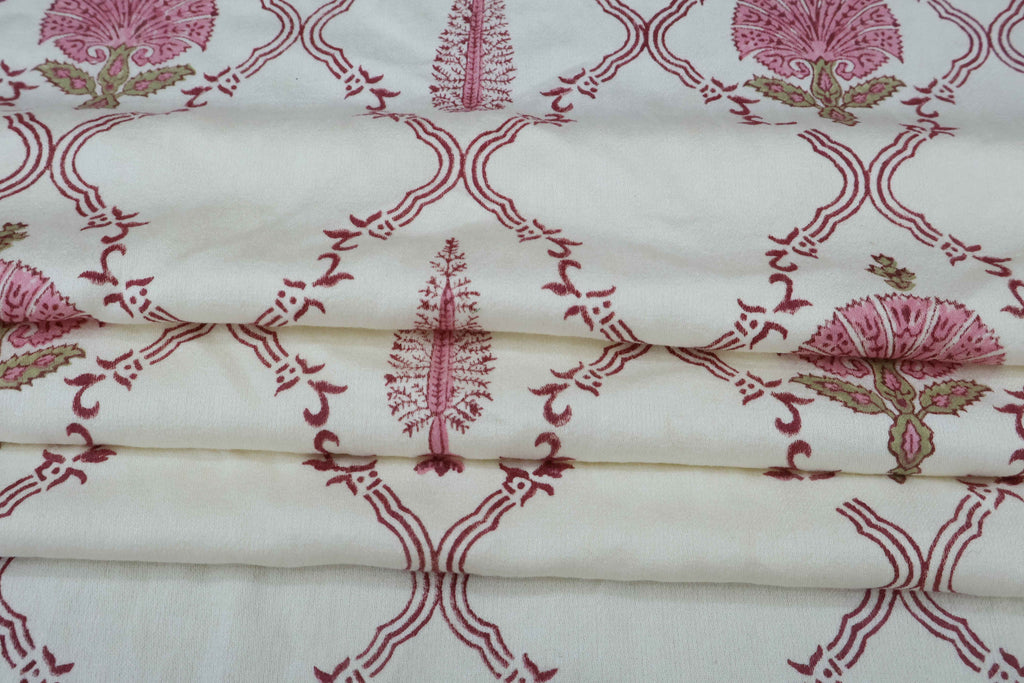 Mughal Floral Block Print Fabric: Pink & White Linen Cotton Blend