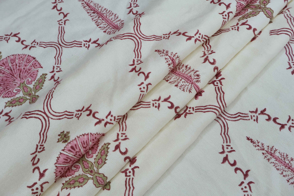 Mughal Floral Block Print Fabric: Pink & White Linen Cotton Blend