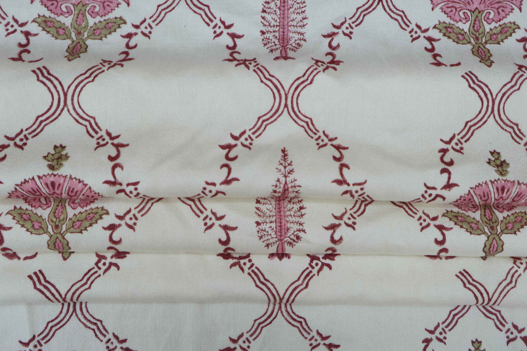Mughal Floral Block Print Fabric: Pink & White Linen Cotton Blend