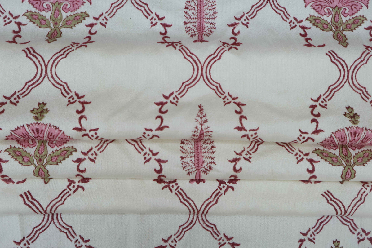 Mughal Floral Block Print Fabric: Pink & White Linen Cotton Blend