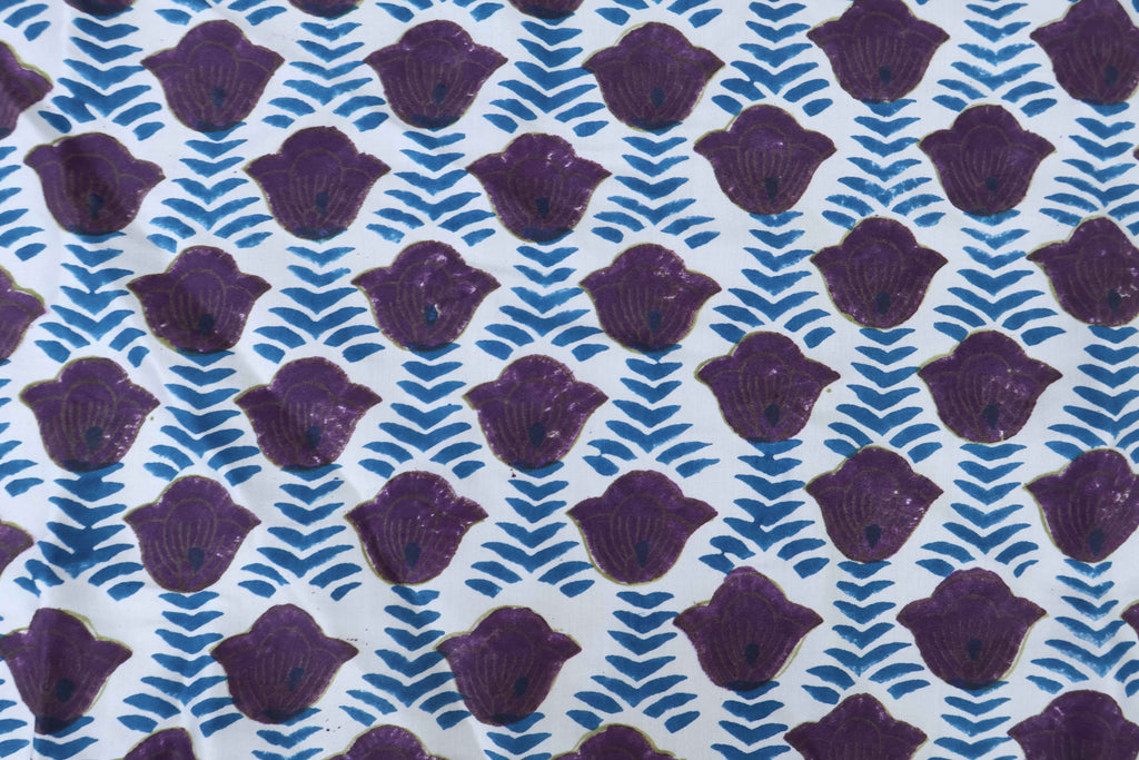 Purple & Blue Floral Block Print Linen Fabric: Mughal Inspired