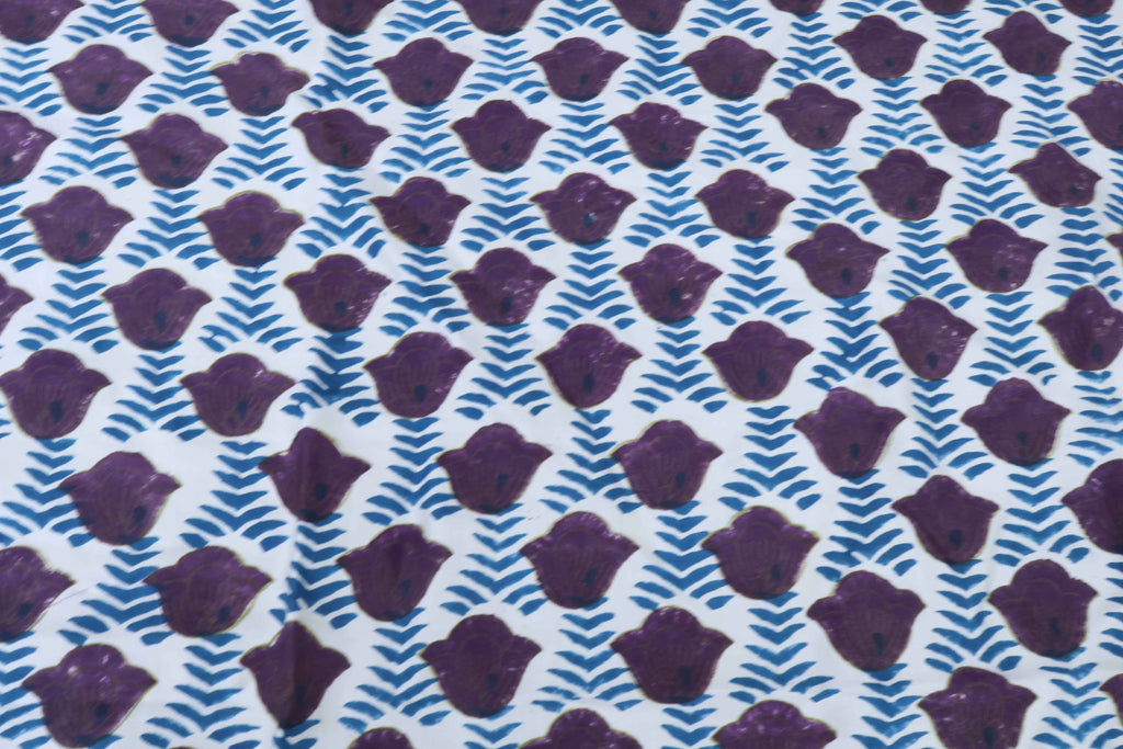 Purple & Blue Floral Block Print Linen Fabric: Mughal Inspired