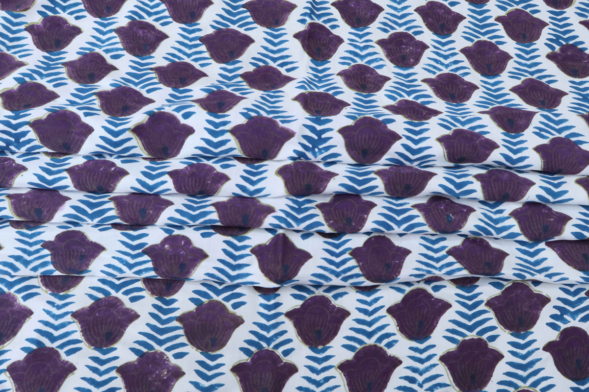 Purple & Blue Floral Block Print Linen Fabric: Mughal Inspired