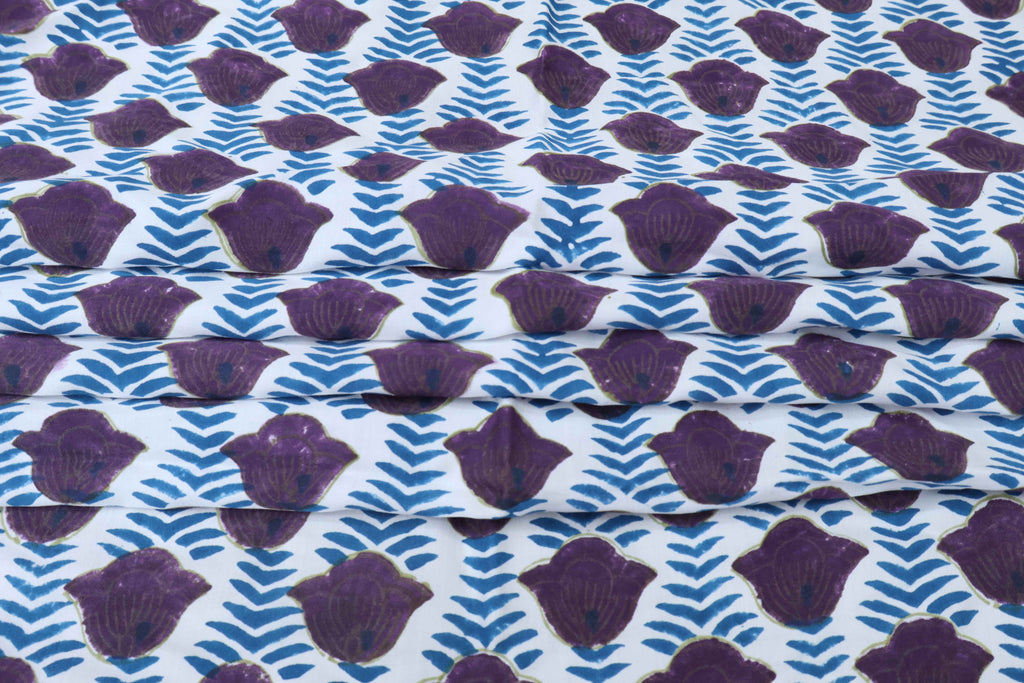 Purple & Blue Floral Block Print Linen Fabric: Mughal Inspired