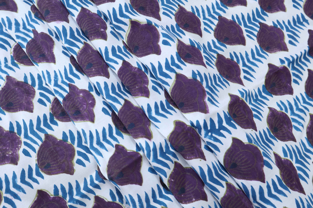 Purple & Blue Floral Block Print Linen Fabric: Mughal Inspired