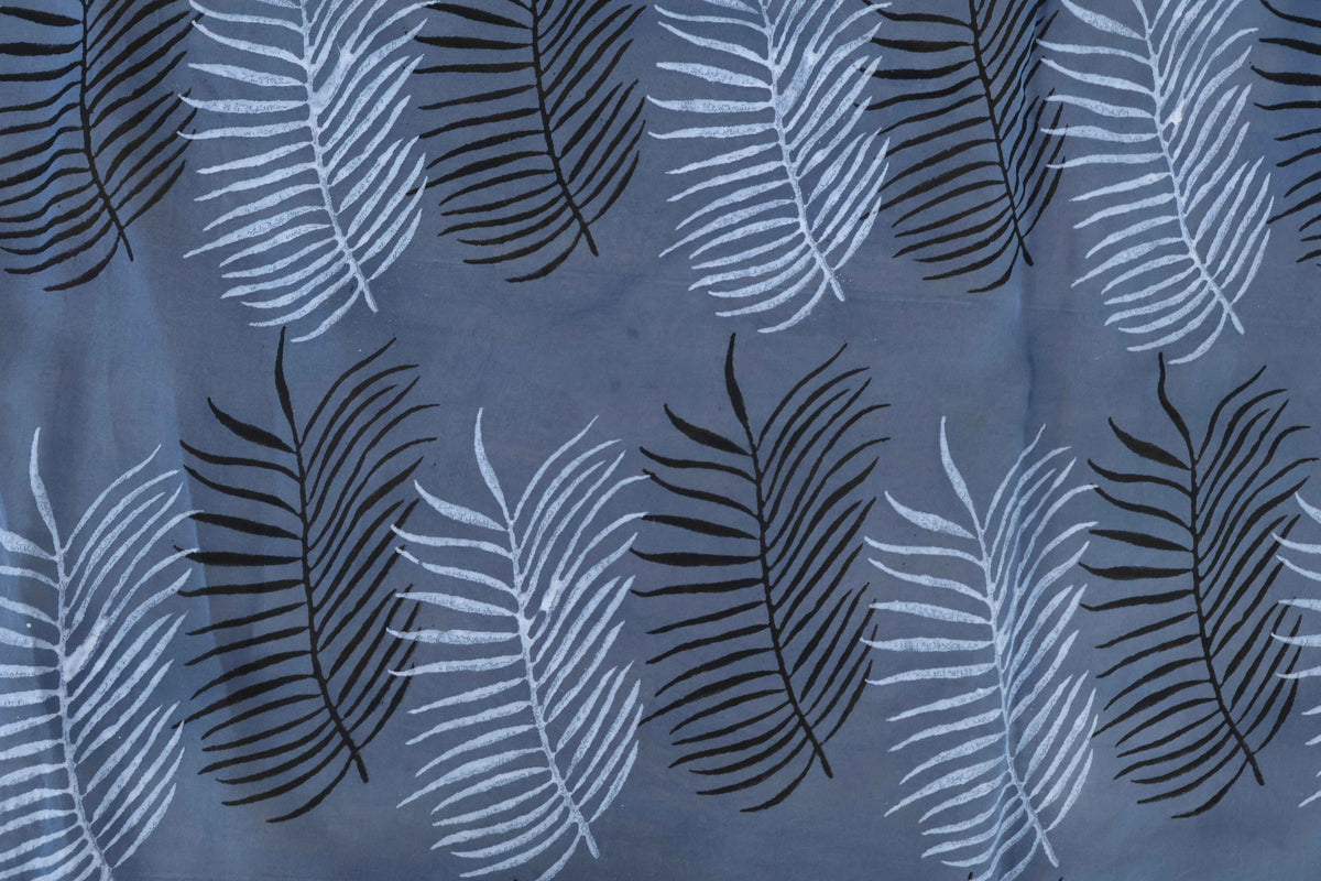 Blue Floral Block Print Linen Fabric - Indian Mughal Style