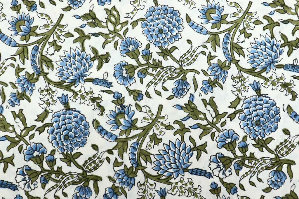 Blue Floral Block Print Cotton Fabric, Indian Handstamped Material