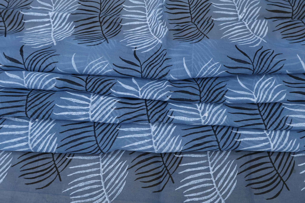 Blue Floral Block Print Linen Fabric - Indian Mughal Style
