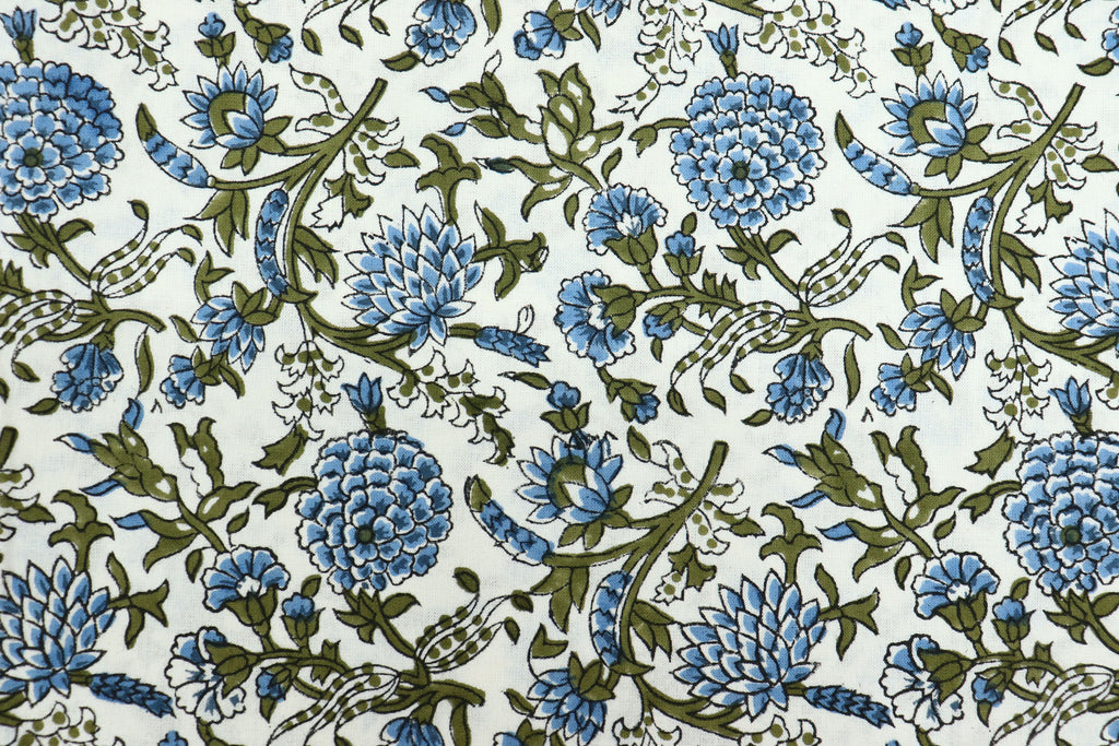 Blue Floral Block Print Cotton Fabric, Indian Handstamped Material