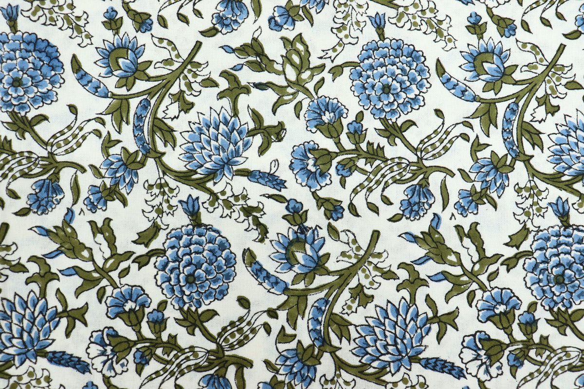 Blue Floral Block Print Cotton Fabric, Indian Handstamped Material