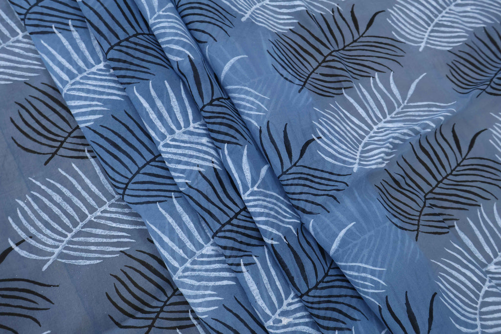 Blue Floral Block Print Linen Fabric - Indian Mughal Style