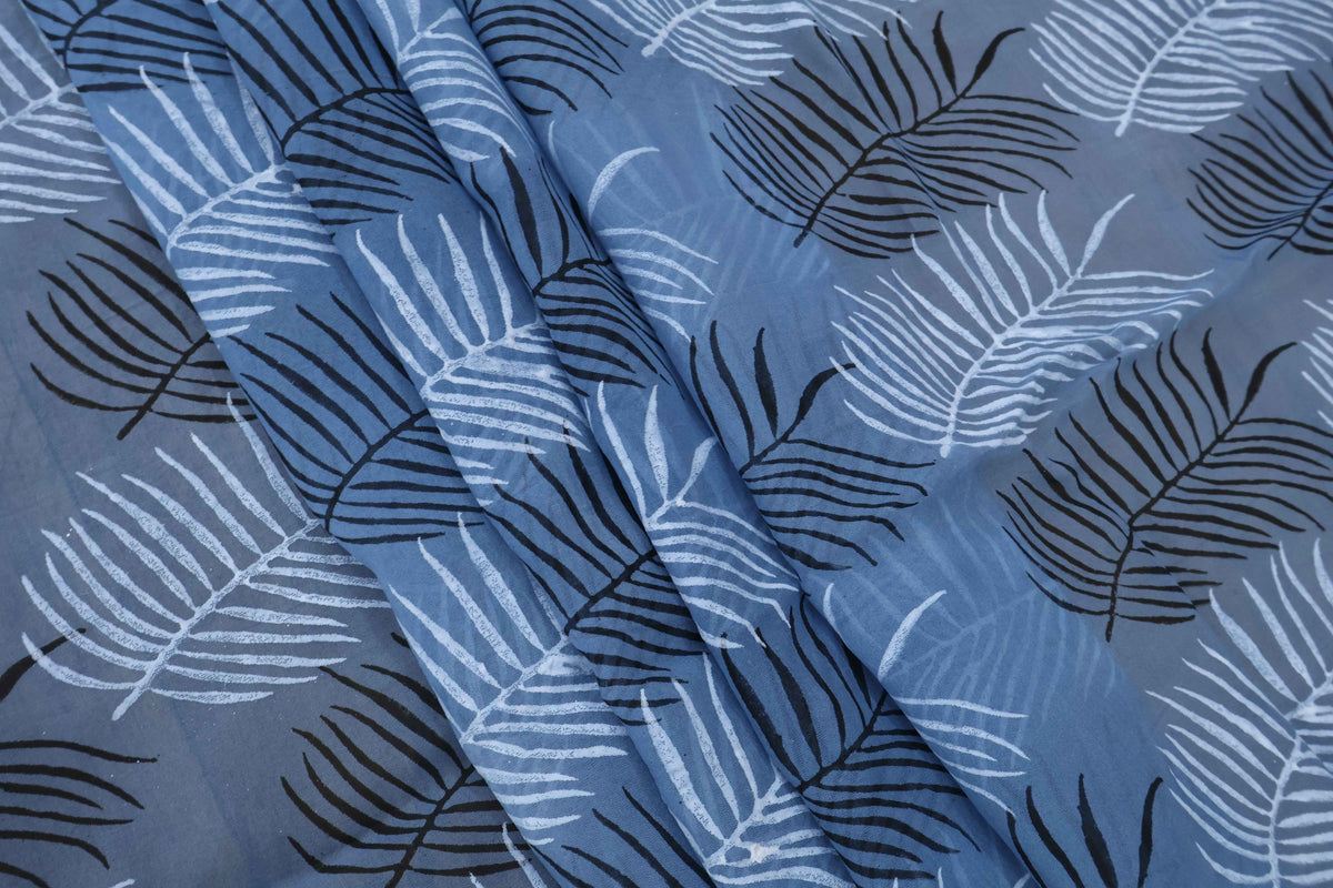 Blue Floral Block Print Linen Fabric - Indian Mughal Style
