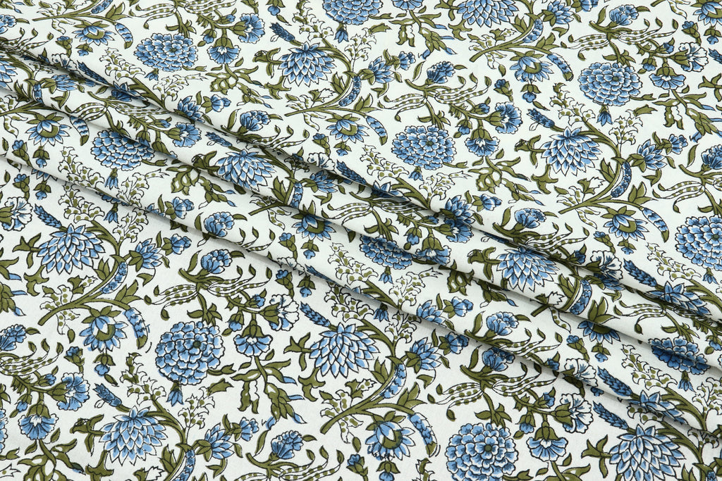 Blue Floral Block Print Cotton Fabric, Indian Handstamped Material