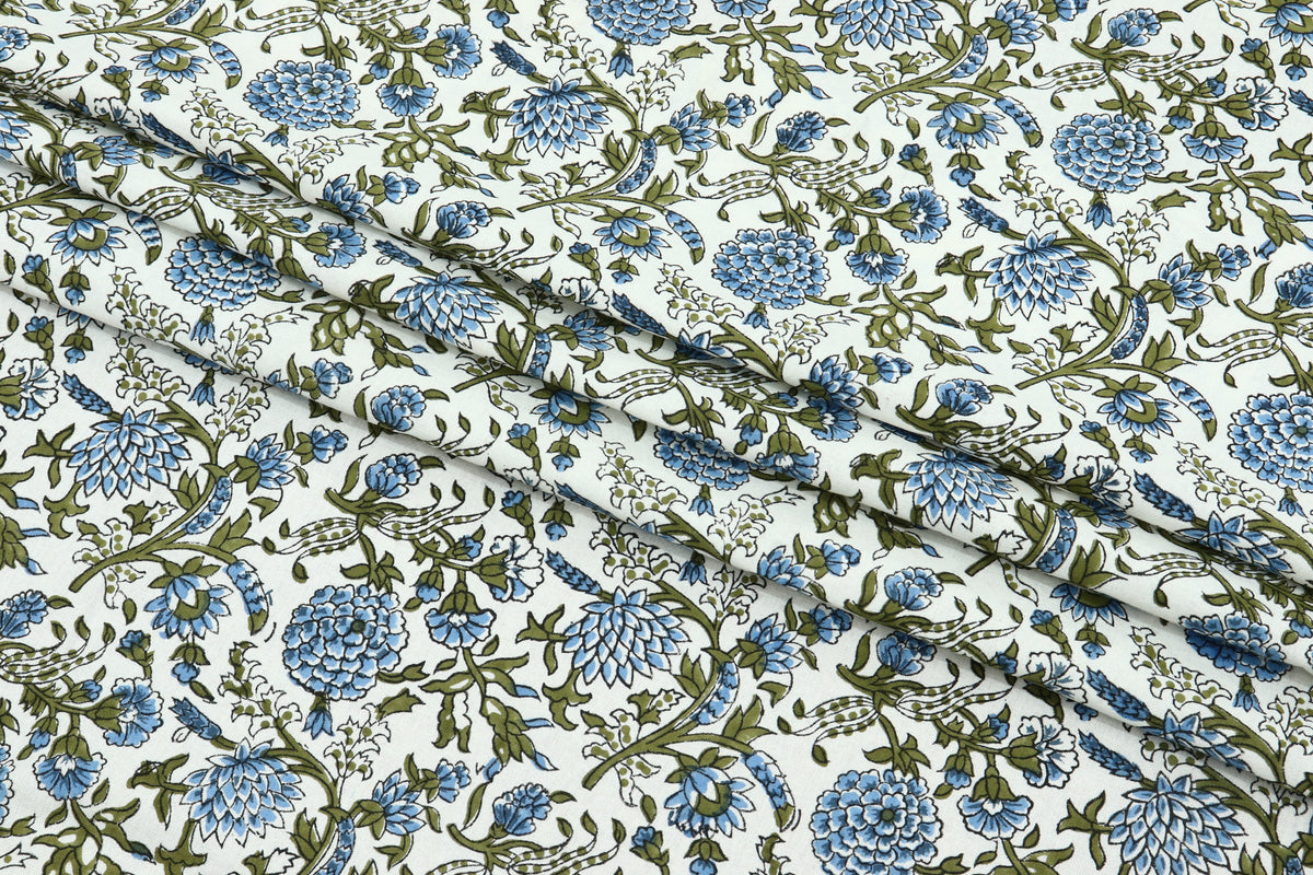 Blue Floral Block Print Cotton Fabric, Indian Handstamped Material