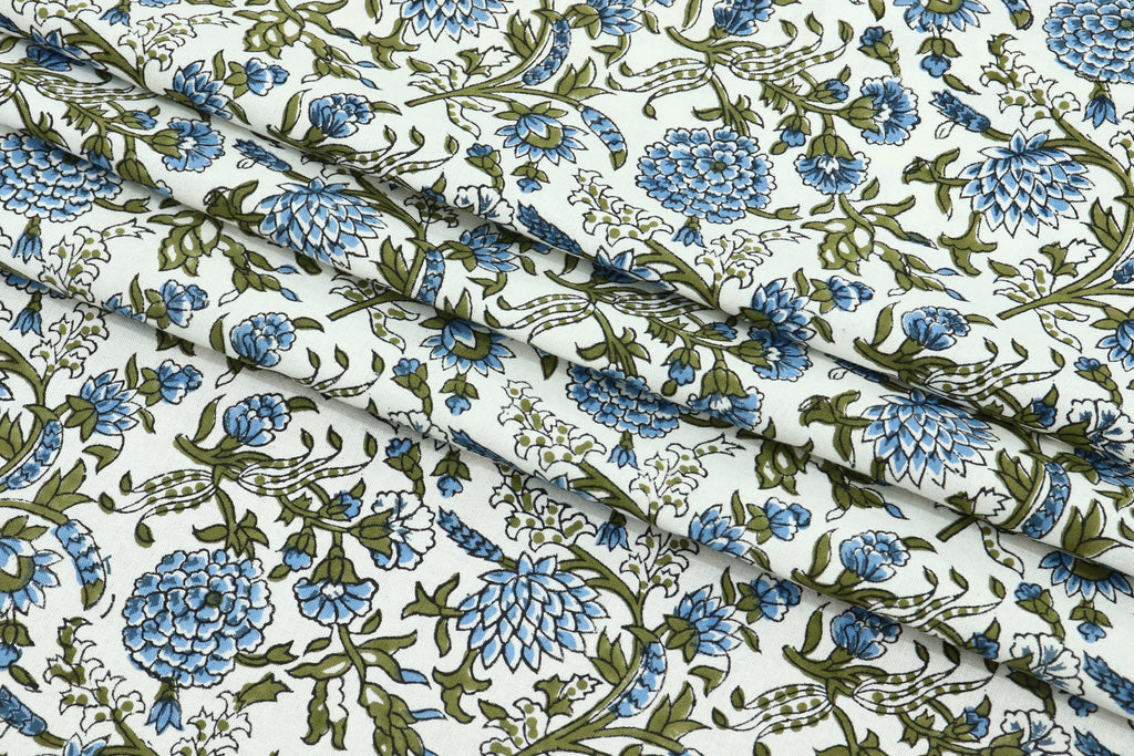 Blue Floral Block Print Cotton Fabric, Indian Handstamped Material