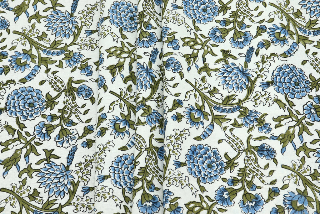 Blue Floral Block Print Cotton Fabric, Indian Handstamped Material