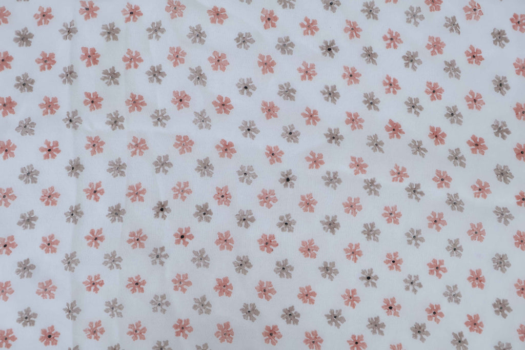 Mughal Floral Block Print Fabric: Peach, Brown, and White Linen