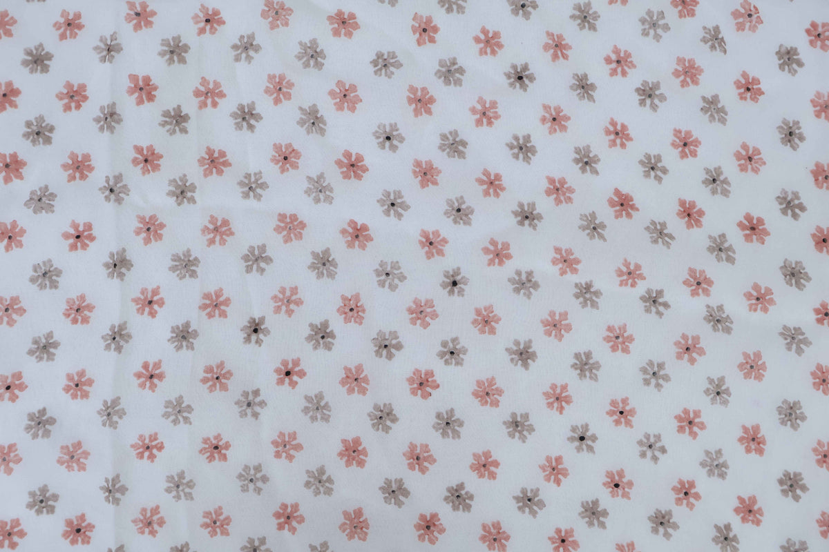 Mughal Floral Block Print Fabric: Peach, Brown, and White Linen