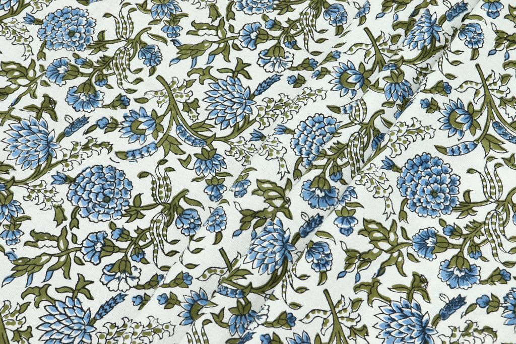 Blue Floral Block Print Cotton Fabric, Indian Handstamped Material