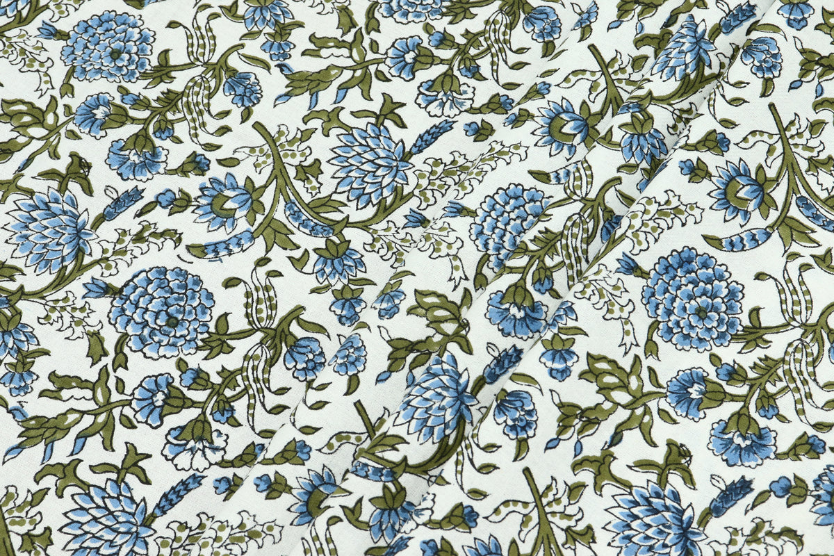 Blue Floral Block Print Cotton Fabric, Indian Handstamped Material
