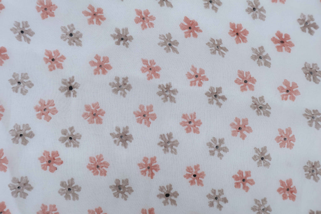Mughal Floral Block Print Fabric: Peach, Brown, and White Linen