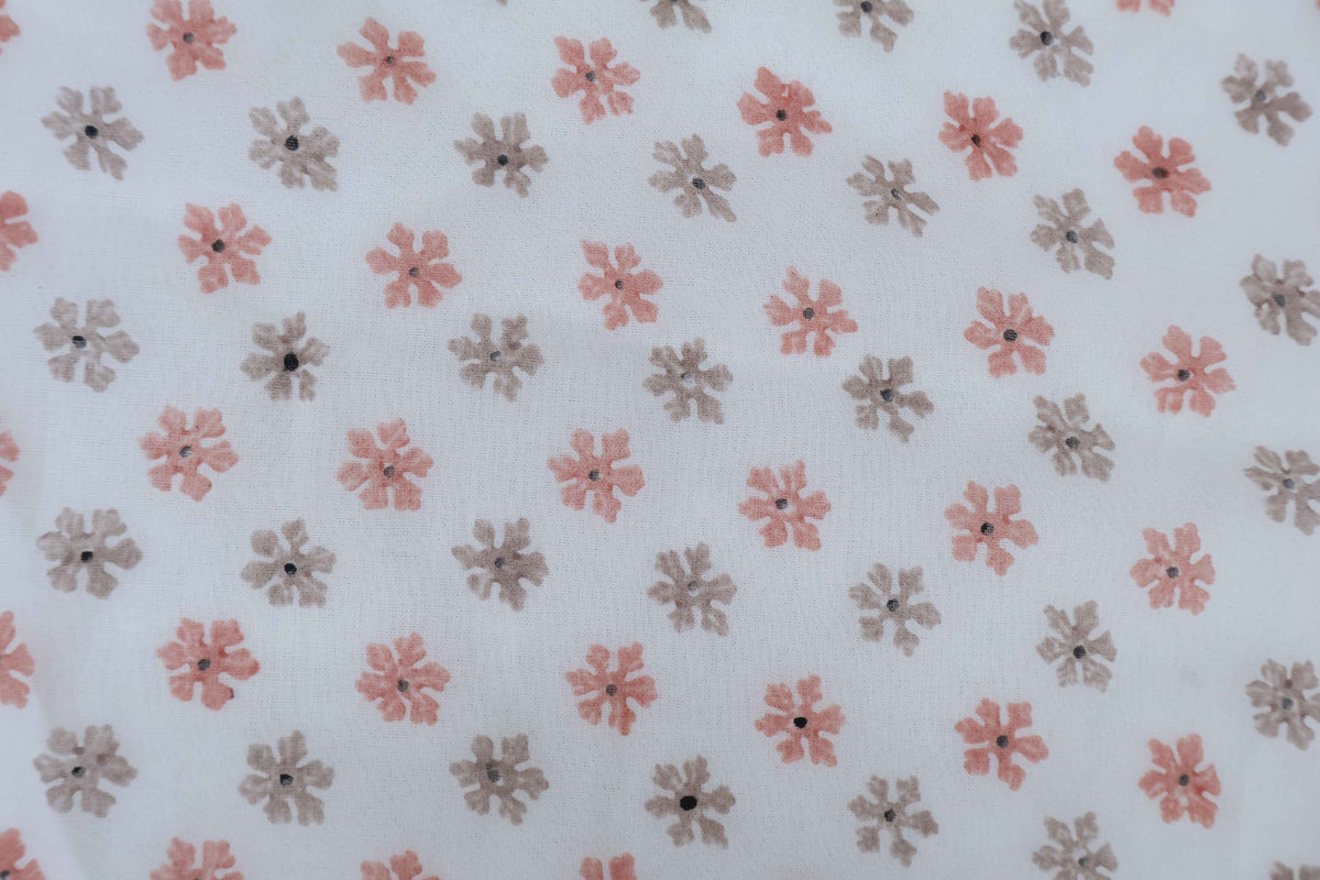 Mughal Floral Block Print Fabric: Peach, Brown, and White Linen