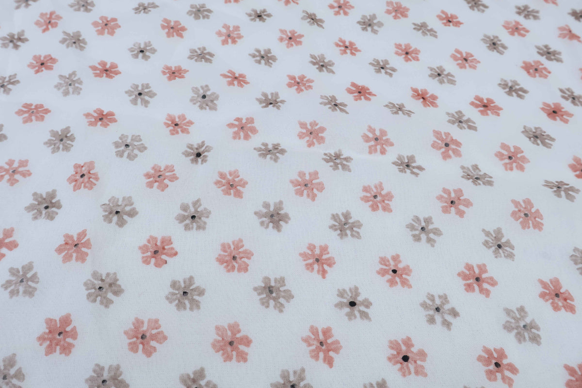 Mughal Floral Block Print Fabric: Peach, Brown, and White Linen