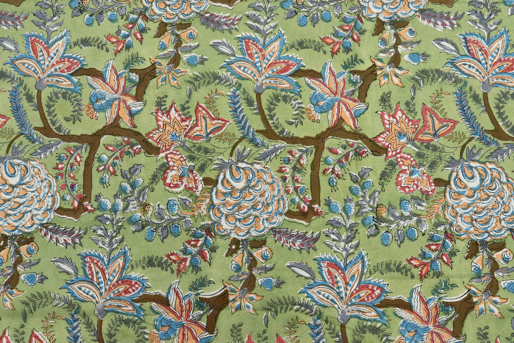 Green colour Pure Cotton Block Print Fabric by the Yard, fabric by the meter, Indian Wood Block, Handstamped