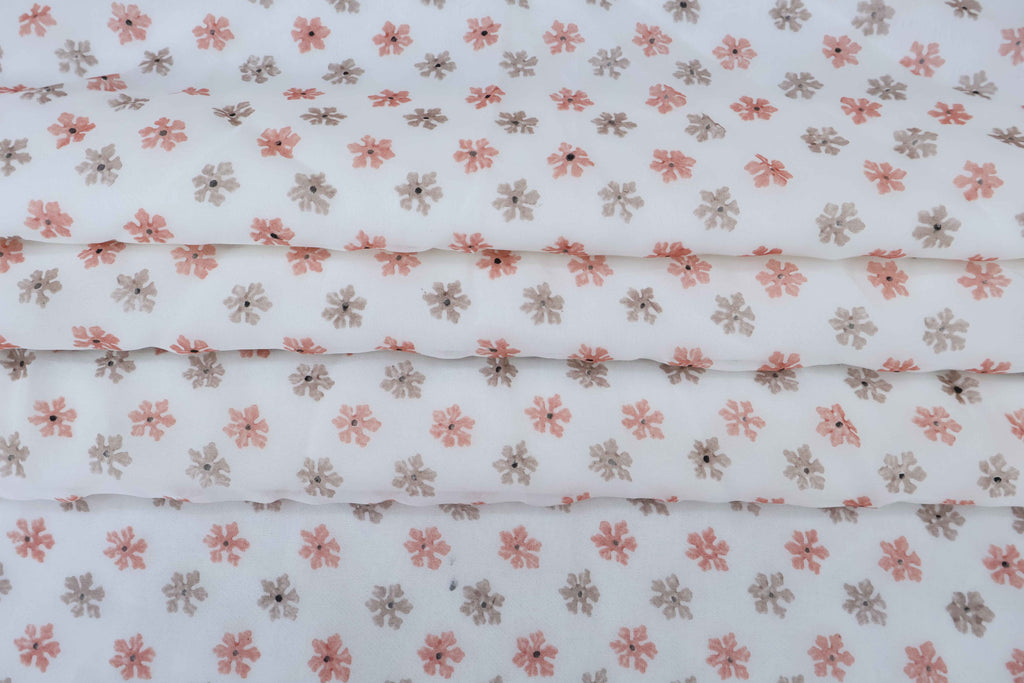 Mughal Floral Block Print Fabric: Peach, Brown, and White Linen