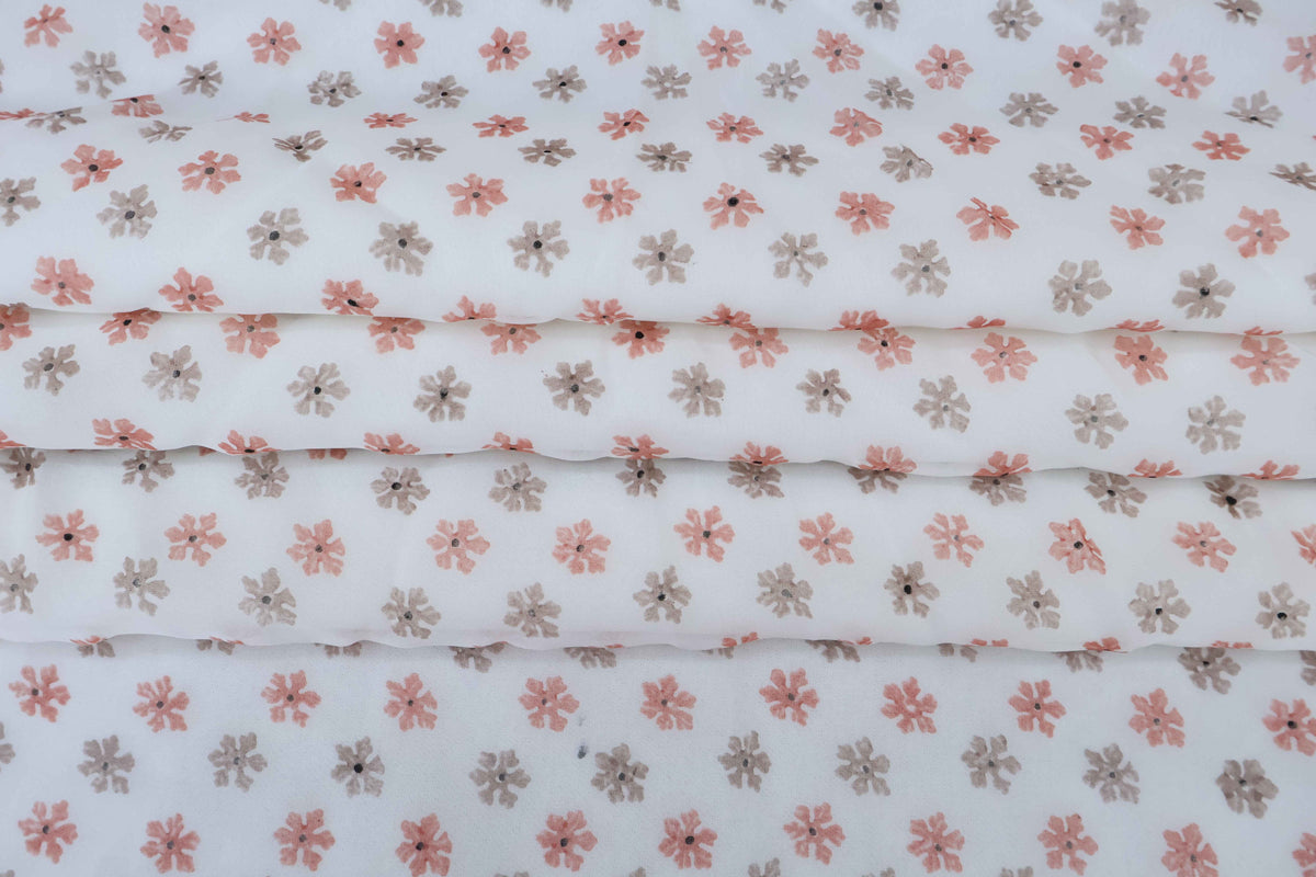 Mughal Floral Block Print Fabric: Peach, Brown, and White Linen