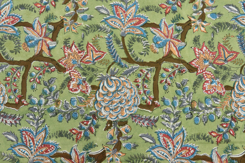 Green colour Pure Cotton Block Print Fabric by the Yard, fabric by the meter, Indian Wood Block, Handstamped