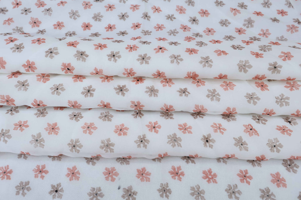 Mughal Floral Block Print Fabric: Peach, Brown, and White Linen