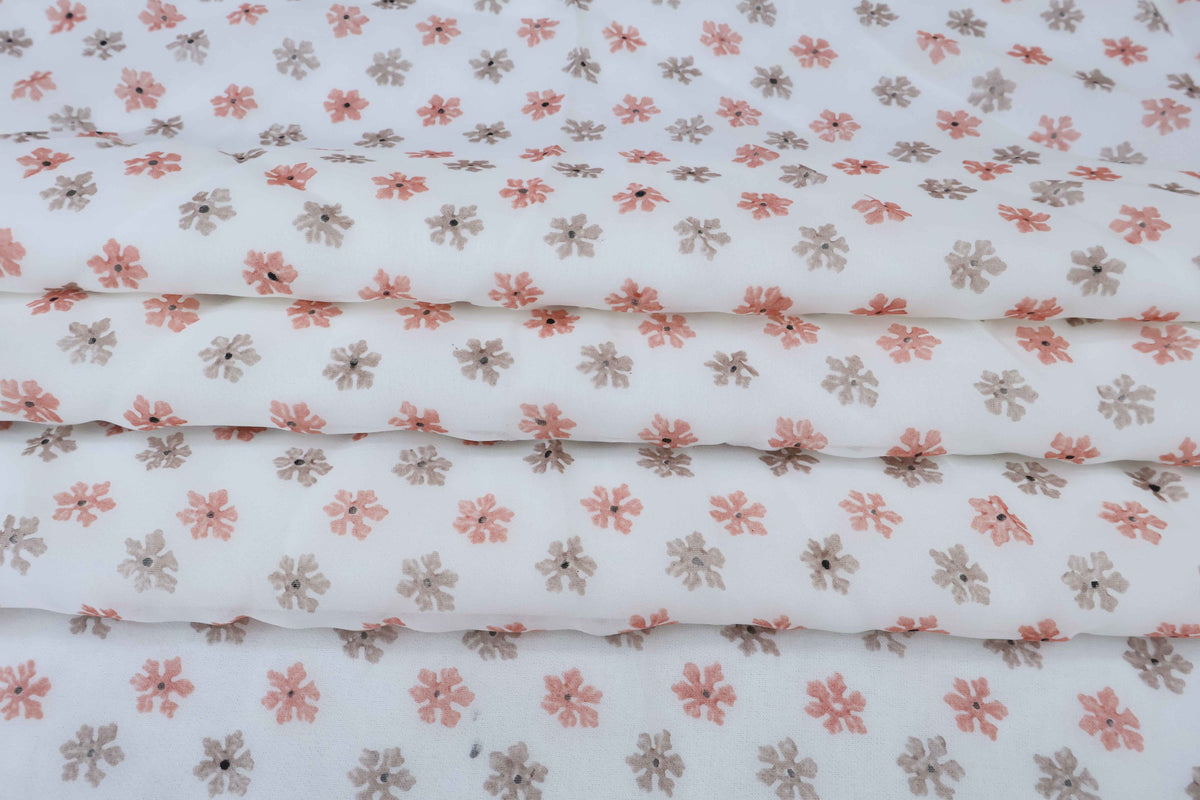 Mughal Floral Block Print Fabric: Peach, Brown, and White Linen