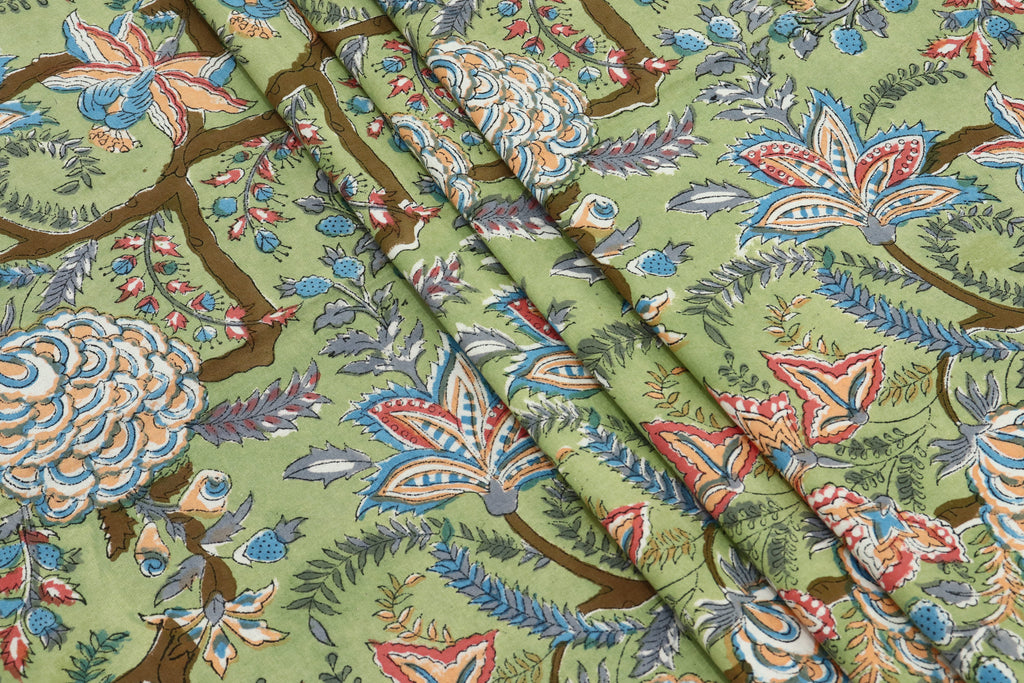 Green colour Pure Cotton Block Print Fabric by the Yard, fabric by the meter, Indian Wood Block, Handstamped