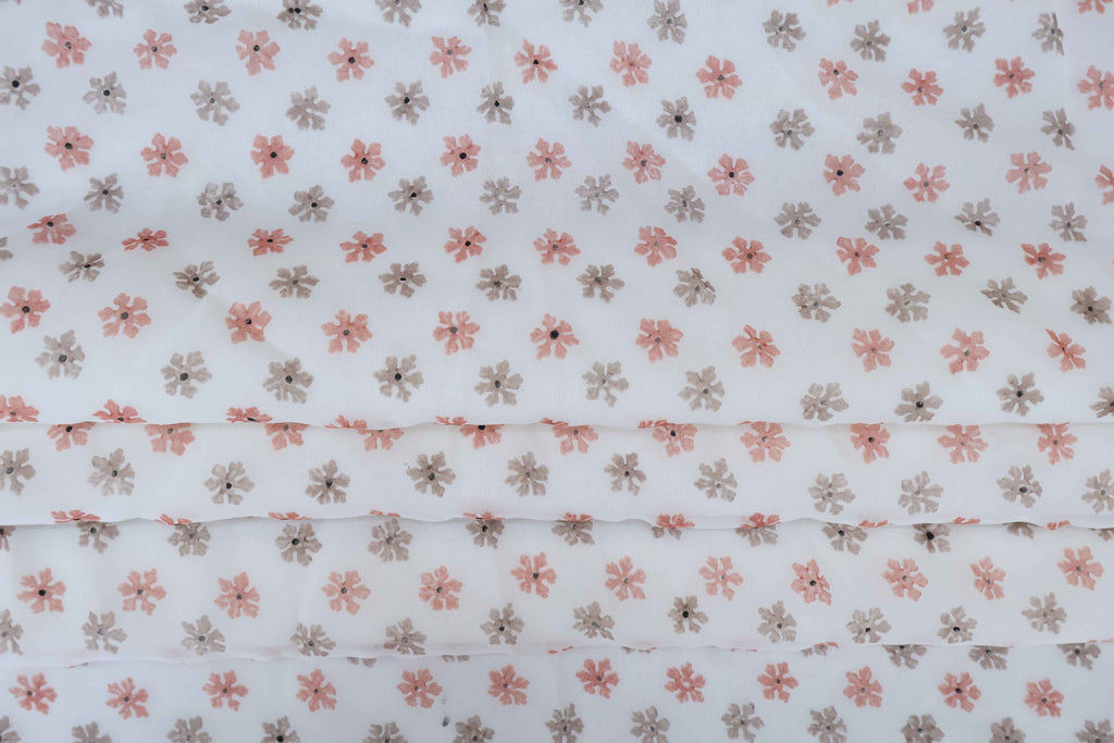 Mughal Floral Block Print Fabric: Peach, Brown, and White Linen