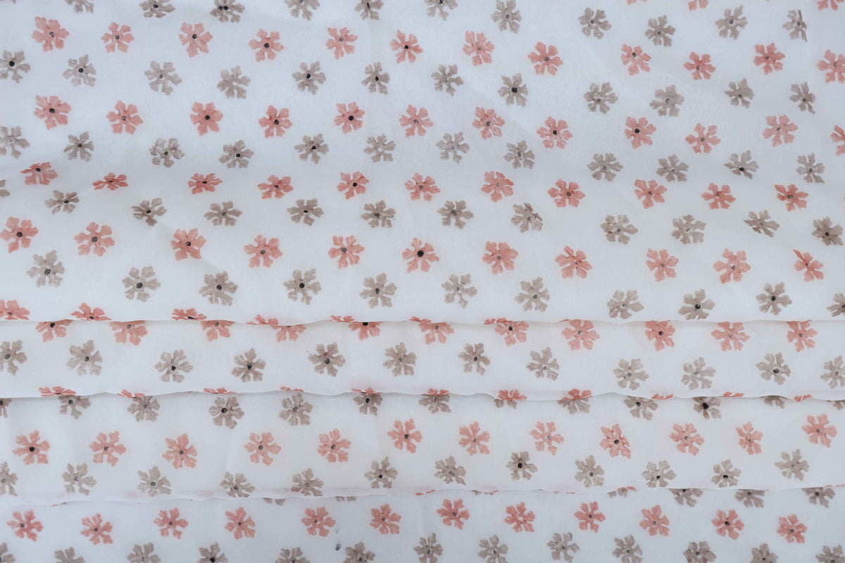 Mughal Floral Block Print Fabric: Peach, Brown, and White Linen