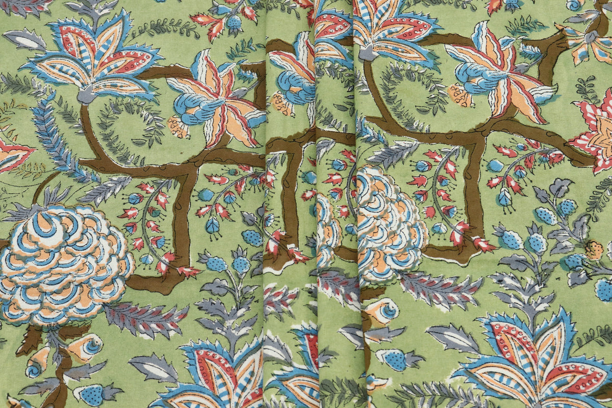 Green colour Pure Cotton Block Print Fabric by the Yard, fabric by the meter, Indian Wood Block, Handstamped