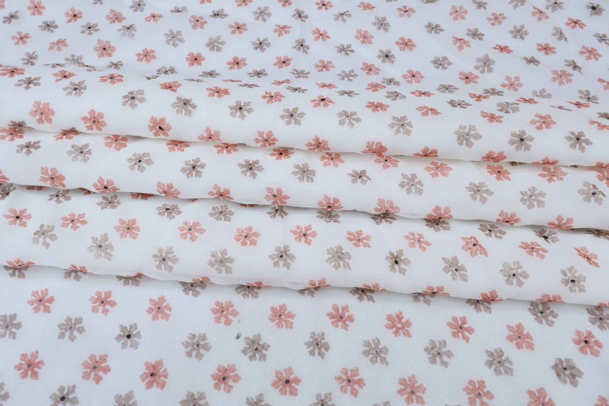 Mughal Floral Block Print Fabric: Peach, Brown, and White Linen