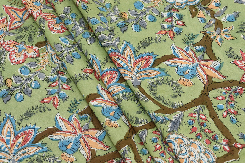 Green colour Pure Cotton Block Print Fabric by the Yard, fabric by the meter, Indian Wood Block, Handstamped