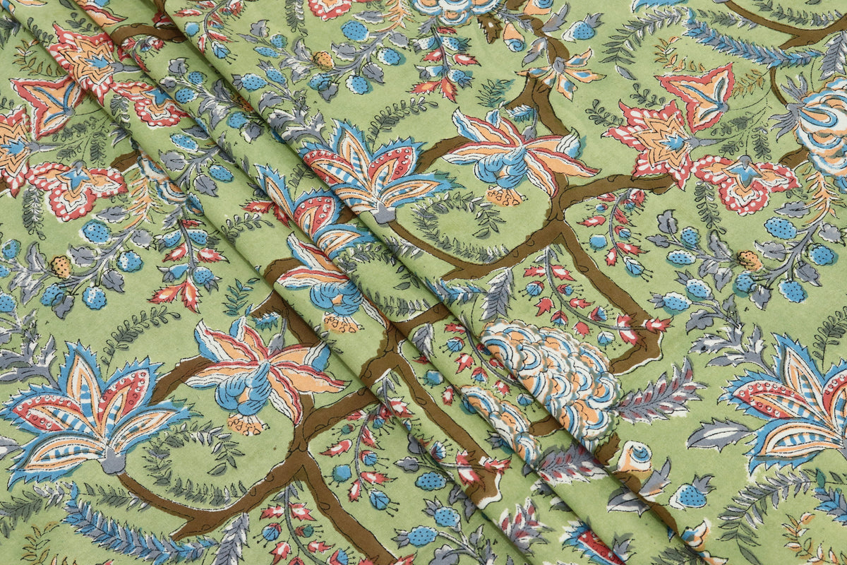 Green colour Pure Cotton Block Print Fabric by the Yard, fabric by the meter, Indian Wood Block, Handstamped