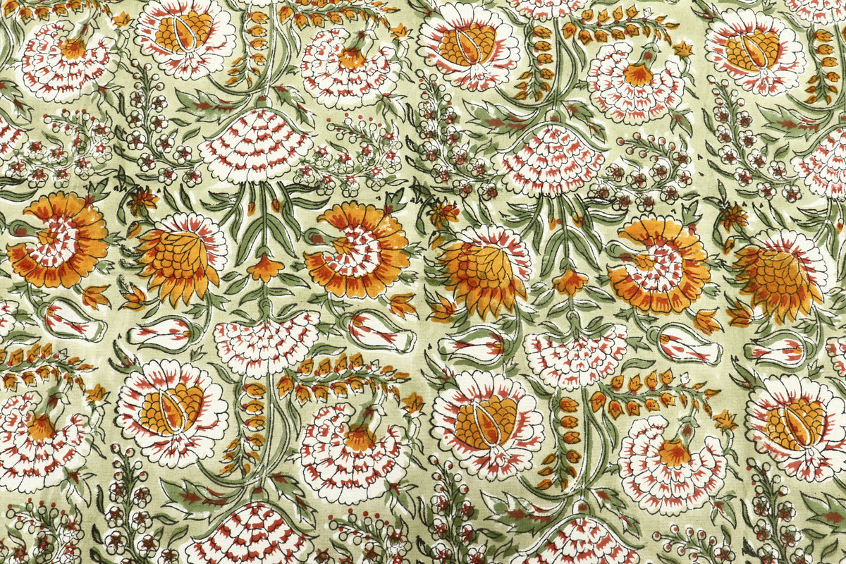 Mughal Floral Print Cotton Fabric: Indian Block Print By The Yard