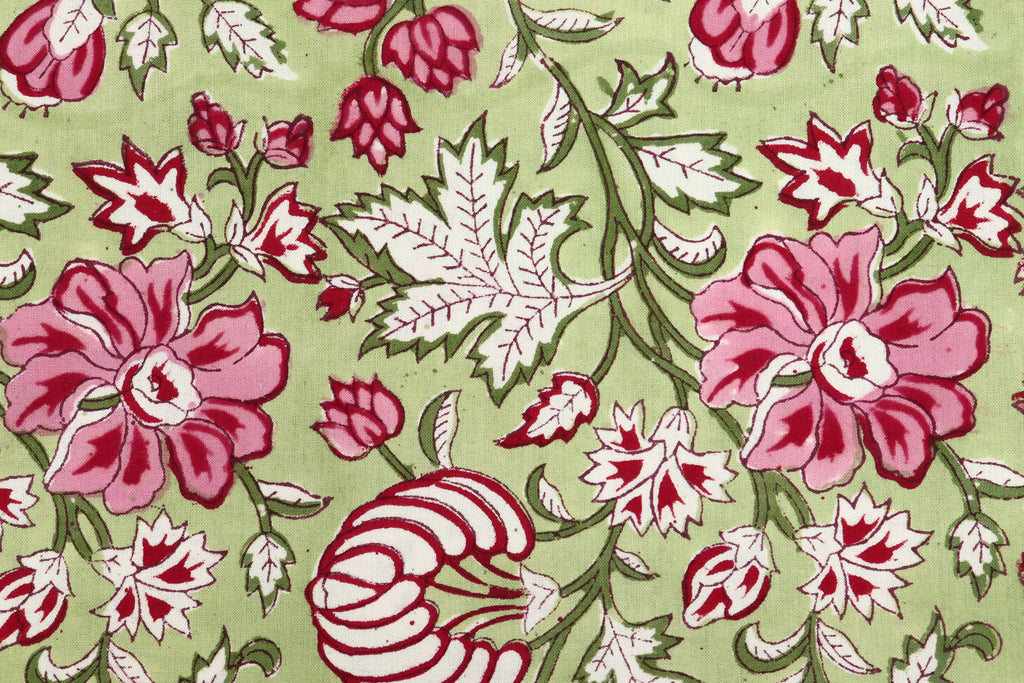 Green and Pink colour Pure Cotton Block Print Fabric by the Yard, fabric by the meter, Indian Wood Block, Handstamped
